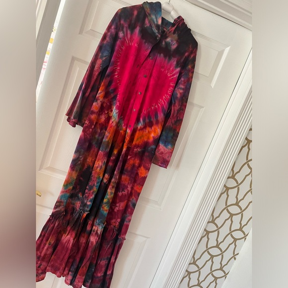EPIC BOHO ANGEL SLEEVE COTTON JERSEY MODERN TIEDYE DRESS/kimono HOOD!!! - Picture 11 of 11